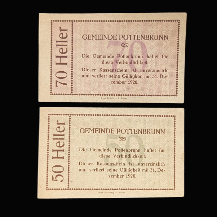 Two vintage banknotes from Gemeinde Pottenbrunn on a dark background