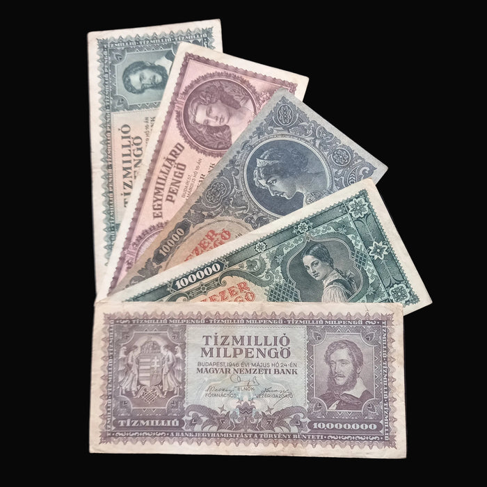 Vintage Banknote 1945-46 Hungary Pengő Premium 5pc Set Million Billion Trillion Milpengo Money