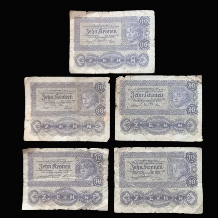 Antique Banknote 1922 Austria 10 Zehn Kronen Paper Money Collection Historic WWI 5pc Set