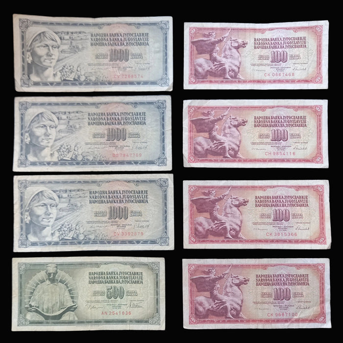 Vintage Banknote 1978-86 Yugoslavia Dinar 100 500 1K Tesla Peace Socialist Currency 8pc Set