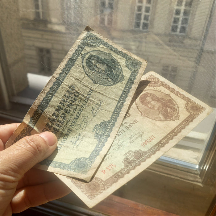 Vintage Banknote 1946 Hungary Százmillió Pengő & Milpengő 100 Trillion Hyperinflation Bills