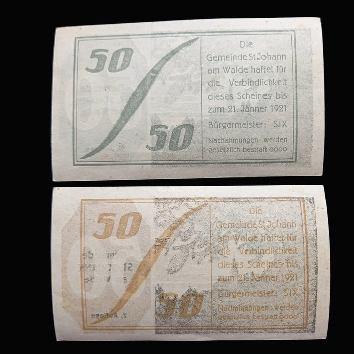 Antique Banknote 1920 Austria St. Johann am Walde Notgeld Set 50 Heller Emergency Bills