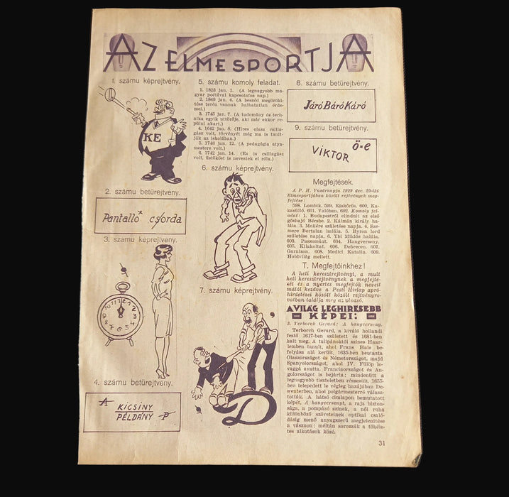 Vintage Hungarian Ephemera: Gerard ter Borch The Concert & Picture Riddles Page 1930