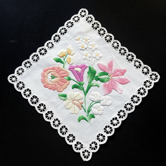 Vintage Hungarian Kalocsa Doily Hand Embroidered Pastel Floral Square 1970s