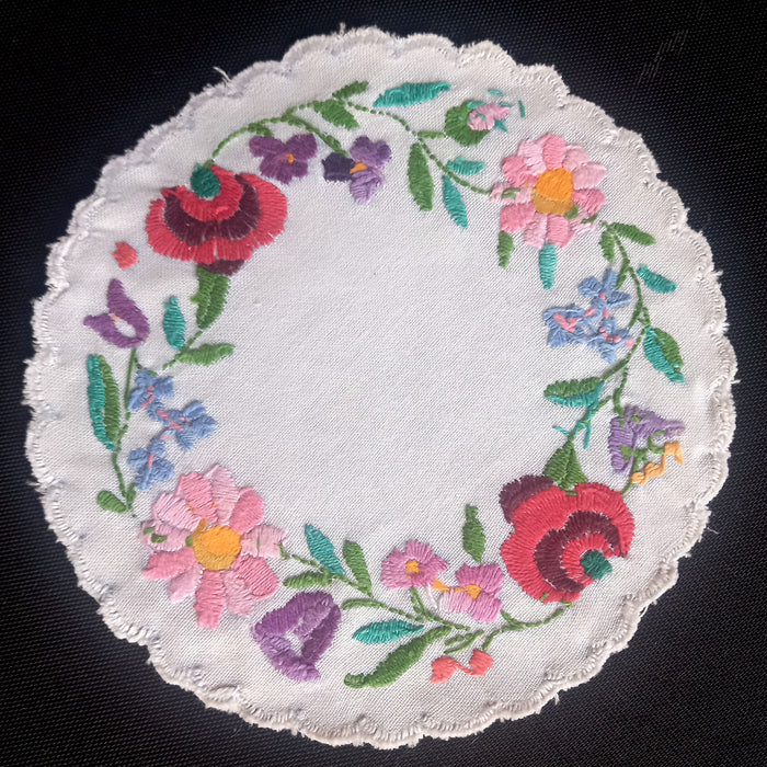 Hungarian Vintage Doily Set of 6 Vivid Hand-Embroidered Floral Folk Art 1970-80s