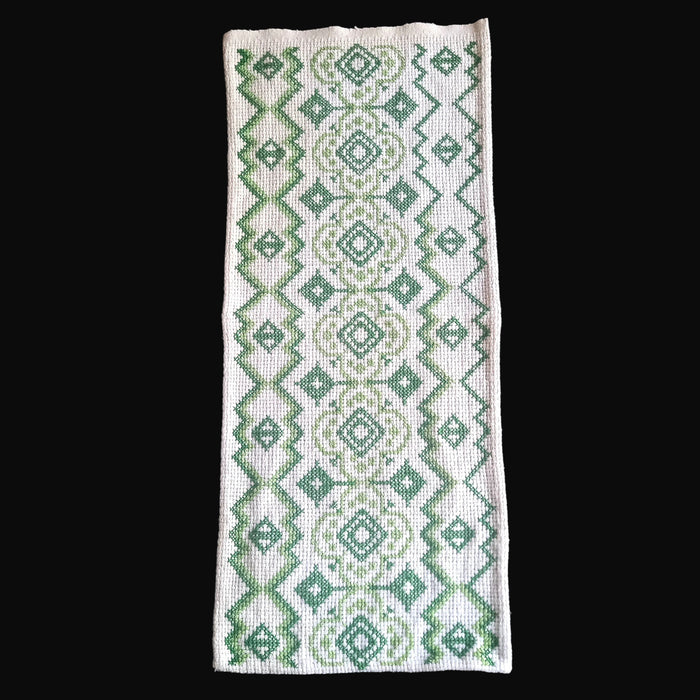 Vintage Hungarian Folk Art Table Runner Handmade Green Cross-Stitch Boho 1950-60s