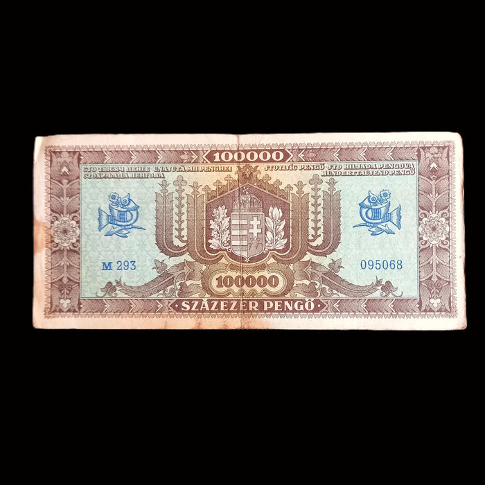 Vintage Banknote 1945 Hungarian 100,000 Százezer Pengő WWII European Memorabilia