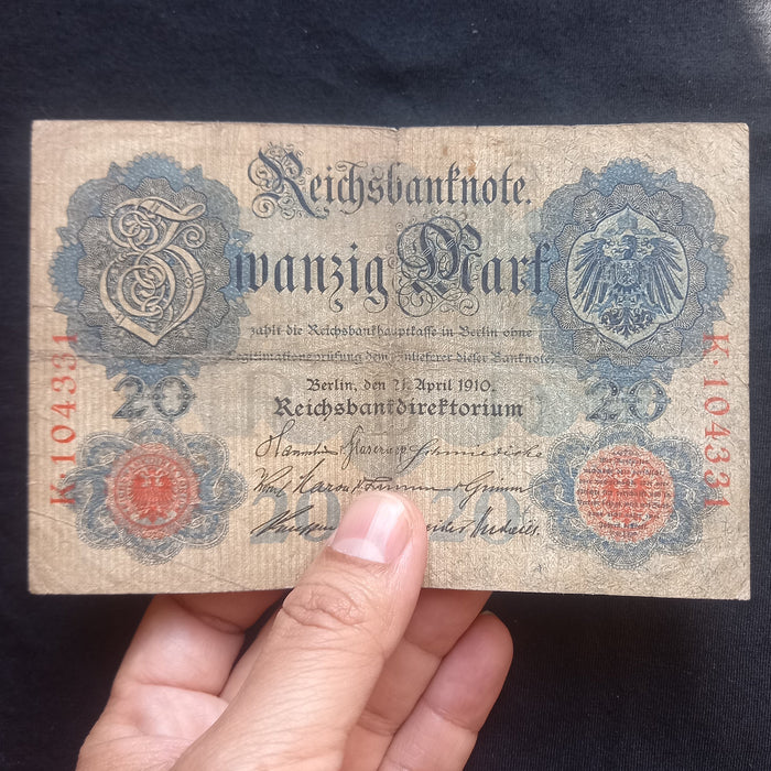 1910 Germany 20 Mark Reichsbanknote Antique Banknote Rare 6-Digit Serial Variety