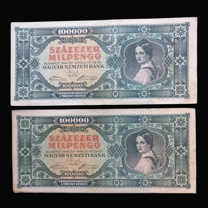 1946 Hungary 100,000 Milpengő Banknote Pair Matching B-Series Hyperinflation Currency