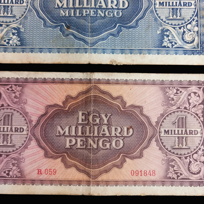 Vintage Banknote 1946 Hungary Billion Trillion Quadrillion Hyperinflation Progression 3pc Set