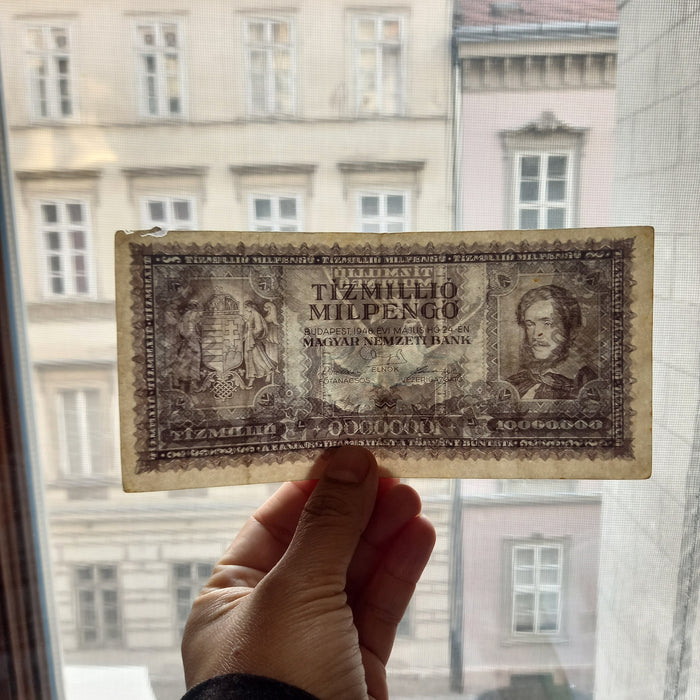1946 Hungary Banknote 10 Million Milpengő Ten Trillion Pengo Hyperinflation Crisis