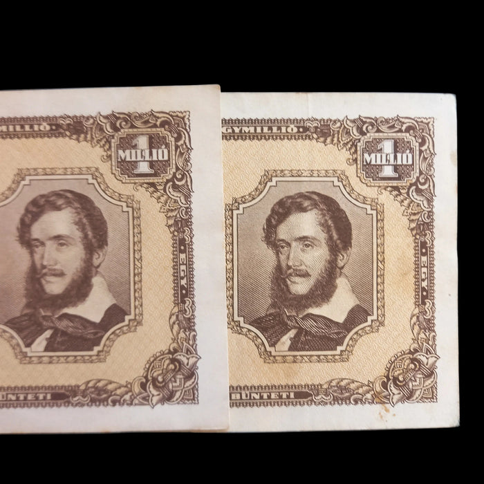1946 Hungary Banknote One Million Milpengo Pair Trillion Pengo Hyperinflation Choice VF