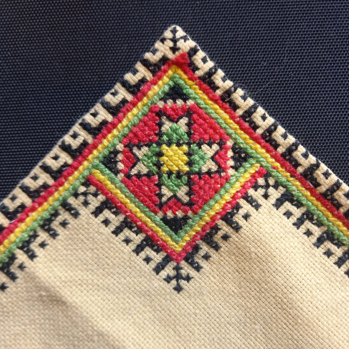 Close-up of a embroidered fabric with geometric pattern, hungarian beregi doily coaster napkin vintage souvenir