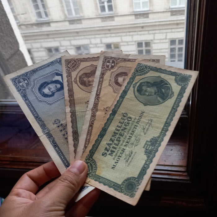 Vintage Banknote 1945-46 Hungary Pengő Milpengő 4pc Set 100 Trillion WWII Hyperinflation Money