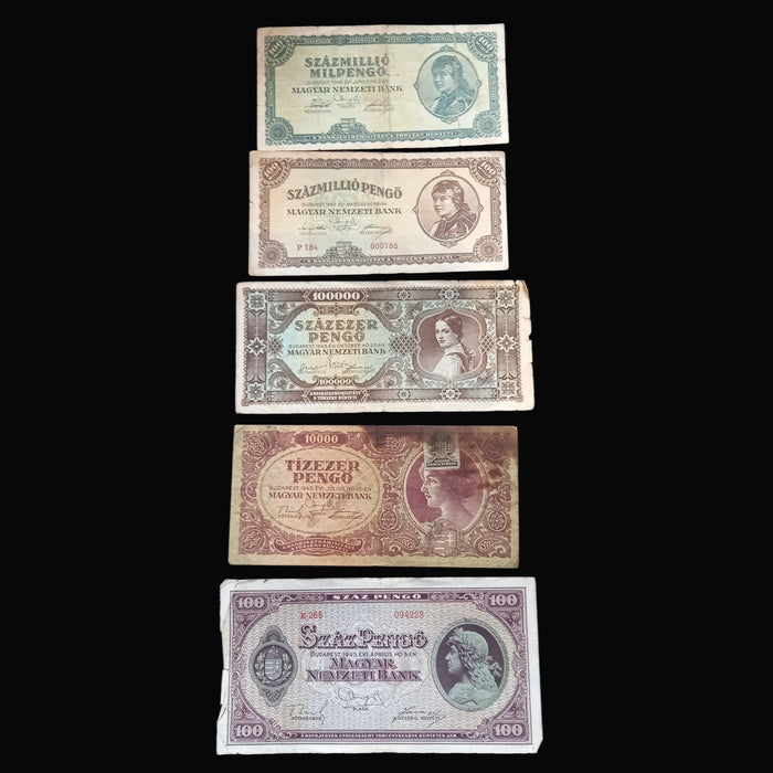 Vintage Banknote 1945-46 Hungary Pengő Milpengő 5pc Set 100 Trillion Hyperinflation Progression