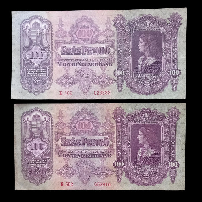 1930 Hungary Banknote 100 Pengo Pair Vibrant Purple E-Series Old World Money