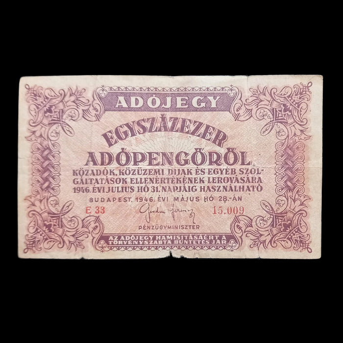 1946 Hungary Banknote 100,000 Adópengő Tax Note Hyperinflation Crisis Paper