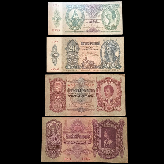 Vintage Banknote 1930-1941 Hungary Pengő 4pc Set 10 20 50 100 Old Paper Money Excellent