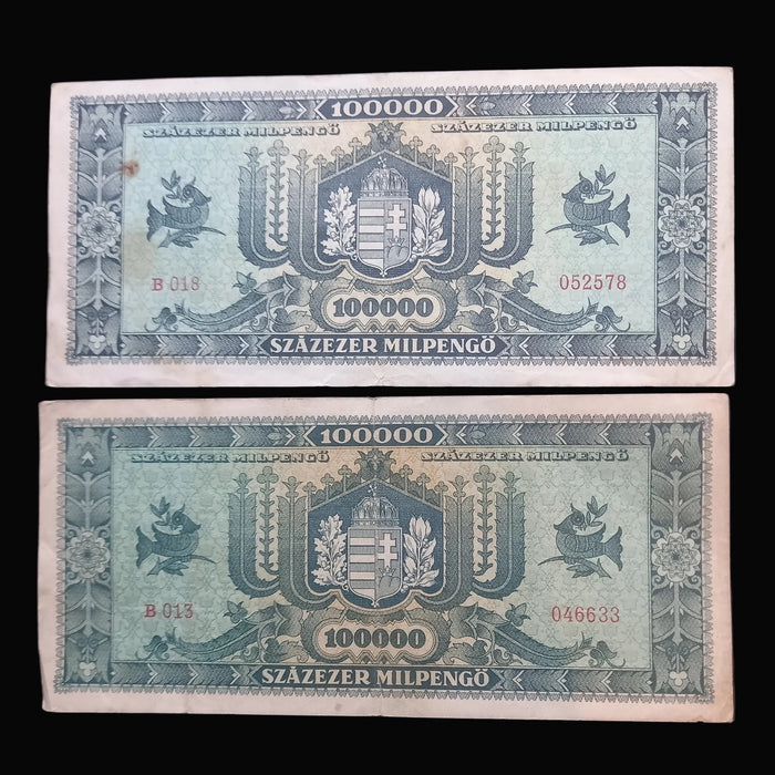 1946 Hungary 100,000 Milpengő Banknote Pair Matching B-Series Hyperinflation Currency