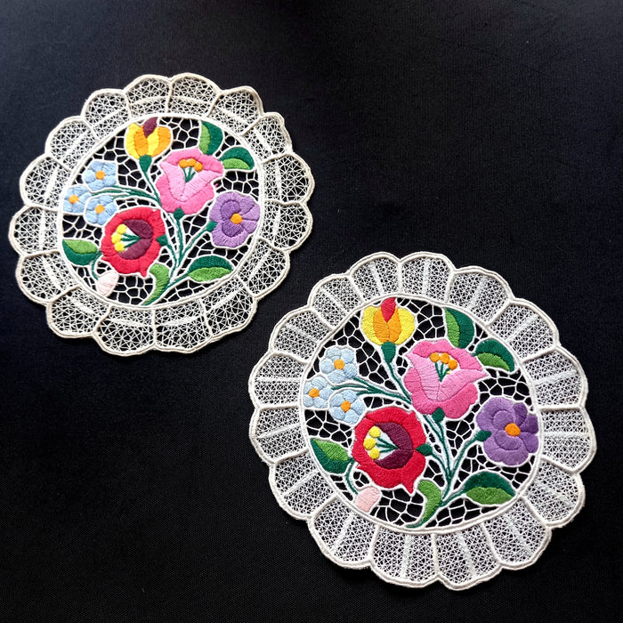 Vintage Hungarian Kalocsa Pair of Doilies Round Lacy Floral Richelieu 1980s