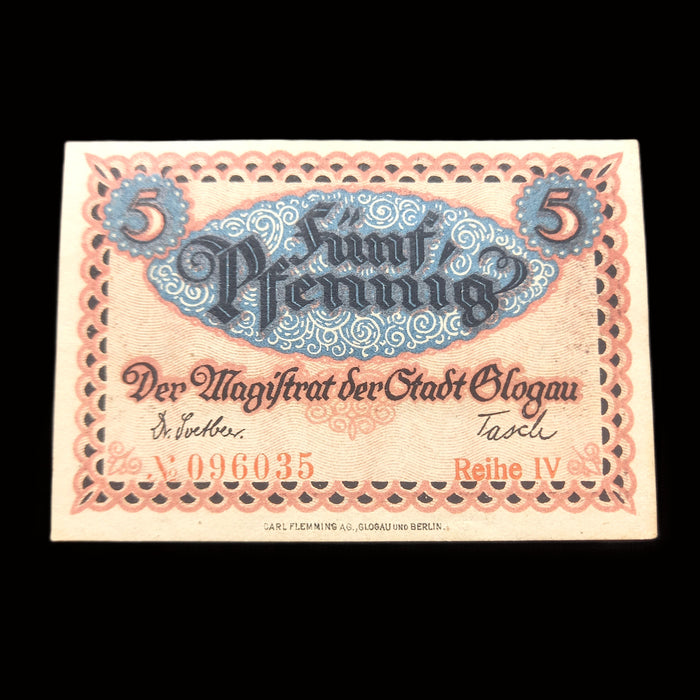 Antique Banknote 1920 Germany Glogau Notgeld Emergency Money 1 & 5 Pfennig Pair UNC