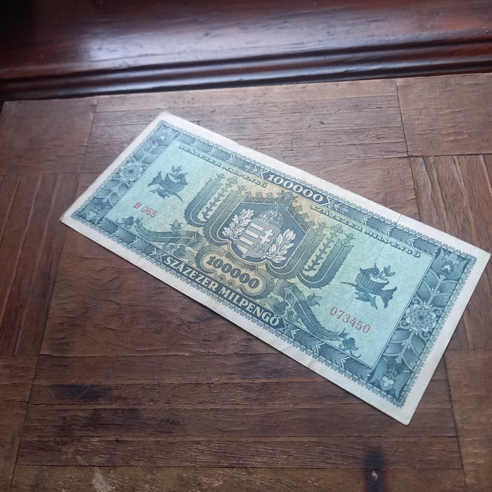 1946 Hungary Banknote 100,000 Milpengő 100 Billion Pengo Hyperinflation Collectible