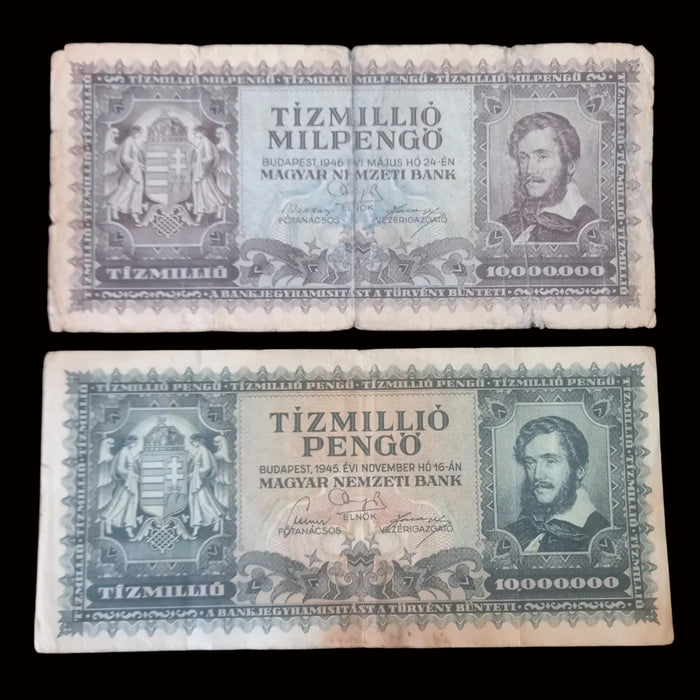 Vintage Banknote 1945-1946 Hungary 10 Million Tízmillió Pengő & 10000000000000 Milpengő