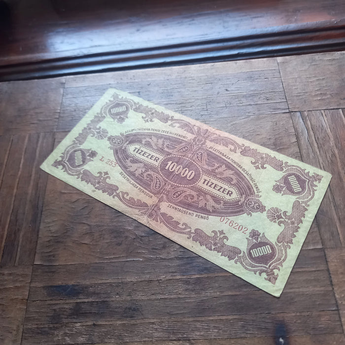 1945 Hungary Banknote 10,000 Pengő Tízezer Historical Overstamp Paper Currency