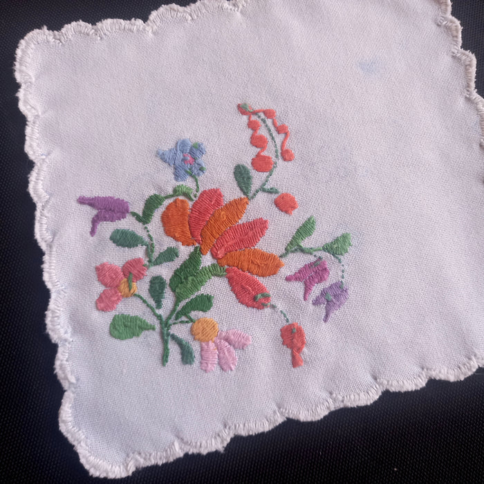 Vintage Hungarian Kalocsa Doilies Set of 6 Hand Embroidered Cocktail Napkins 1970-80s