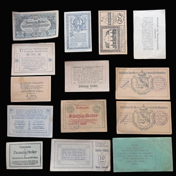 Antique Banknote Notgeld 1920 Austria Architecture 14pc Set Rare Stamped Gainfarn Heller Pair
