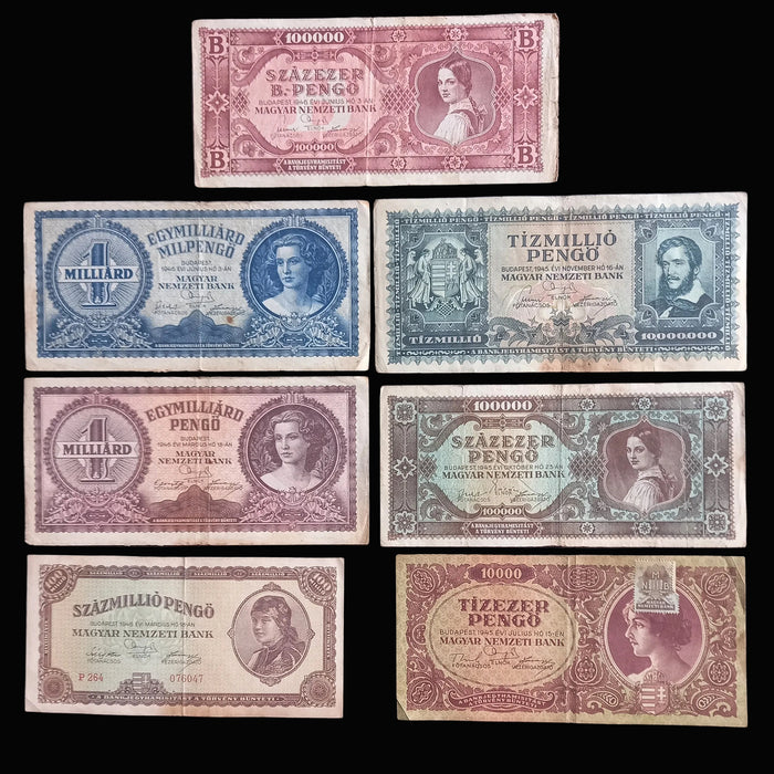 Vintage Banknote Set 1945-46 Hungary 100 Quadrillion Százezer B-Pengő Hyperinflation 7pc