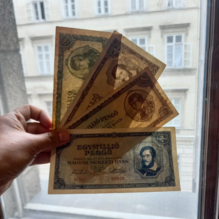 Vintage Banknote 1945-46 Hungary Pengő Milpengő 4pc Set 100 Trillion WWII Hyperinflation Money