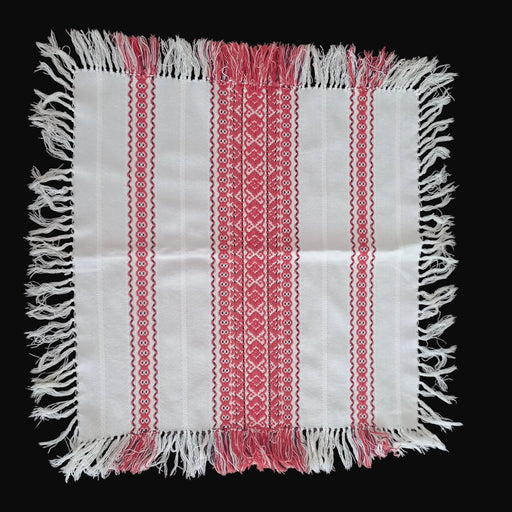 hevesi style hungarian vintage table topper from 1970s with red and white patterns