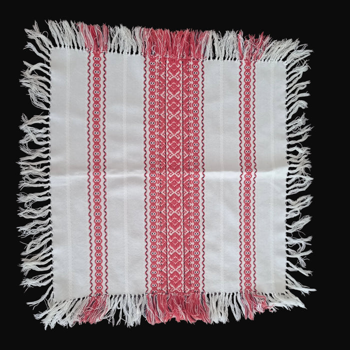 hevesi style hungarian vintage table topper from 1970s with red and white patterns