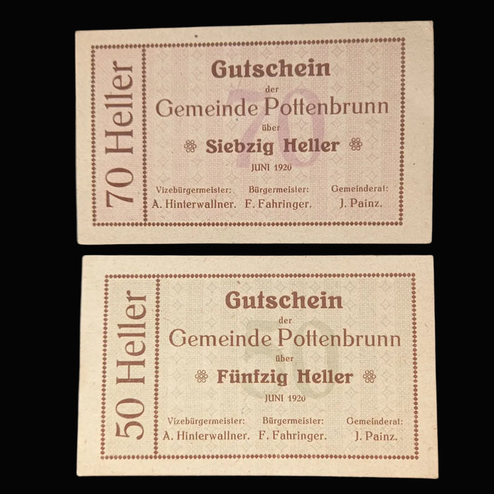 Antique Banknote 1920 Austria Pottenbrunn Notgeld Set 70 & 50 Heller Paper Money UNC