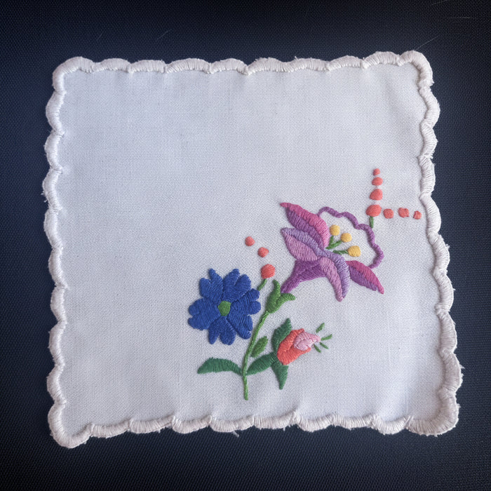 Vintage Hungarian Kalocsa Doilies Set of 6 Hand Embroidered Cocktail Napkins 1970-80s
