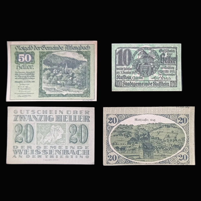 Four vintage German banknotes from Weissenbach, including 50 Heller, 10 Heller, 20 Heller, and 20 Heller Zwanzig Heller, arranged on a black background.