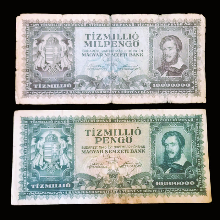 Vintage Banknote 1945-1946 Hungary 10 Million Tízmillió Pengő & 10000000000000 Milpengő