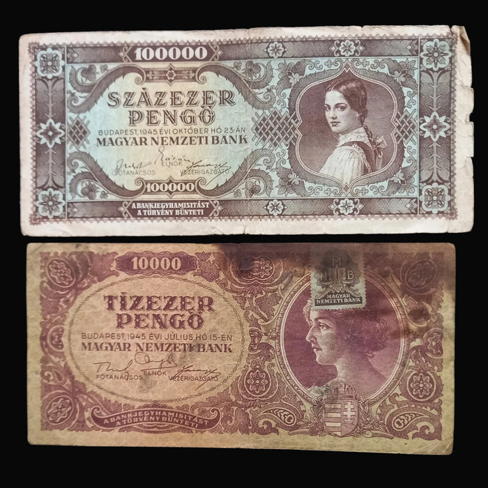 Vintage Banknote 1945-46 Hungary Pengő Milpengő 5pc Set 100 Trillion Hyperinflation Progression