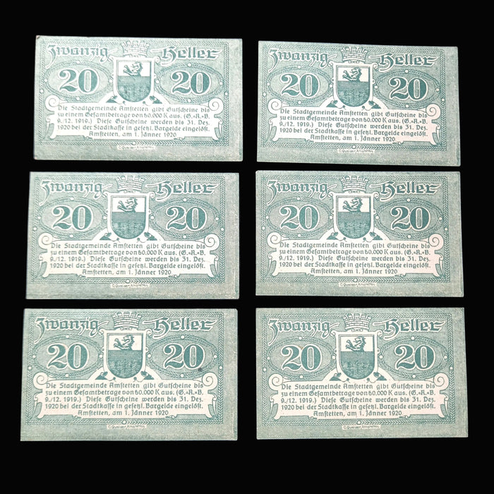 Antique Banknote 1920 Austria Amstetten 20 Heller Notgeld Emergency Money Lot of 6