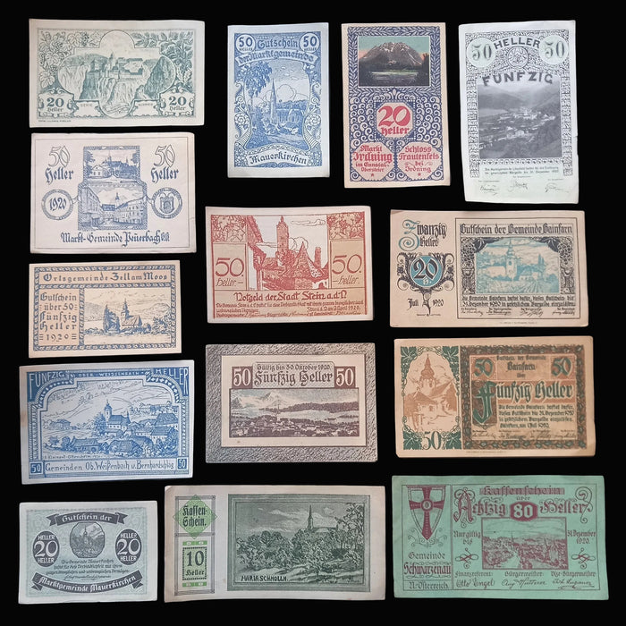 Antique Banknote Notgeld 1920 Austria Architecture 14pc Set Rare Stamped Gainfarn Heller Pair