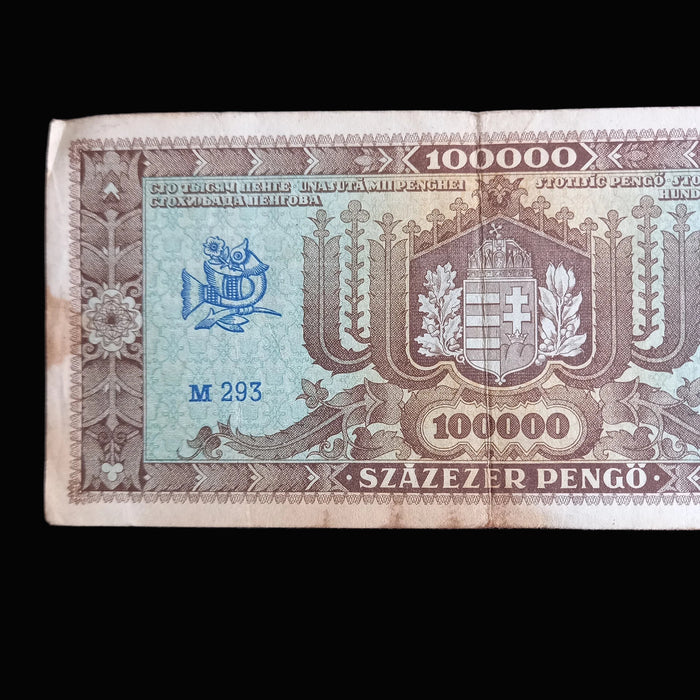 Vintage Banknote 1945 Hungarian 100,000 Százezer Pengő WWII European Memorabilia