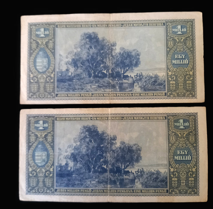 Vintage Banknote 1945 Hungary 1M Egymillió Pengő Pair Lajos Kossuth Hyperinflation Money