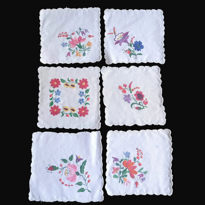 Vintage Hungarian Kalocsa Doilies Set of 6 Hand Embroidered Cocktail Napkins 1970-80s