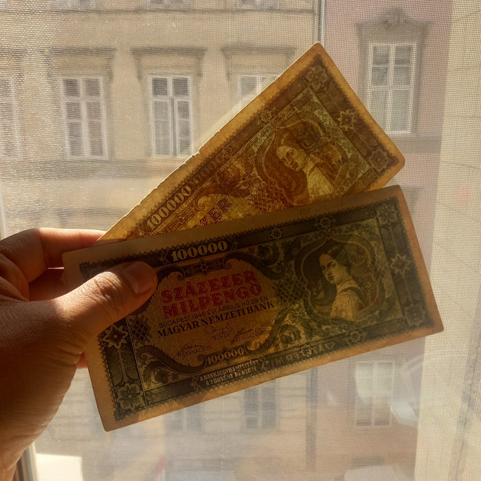 Vintage Banknote 1945-1946 Hungary 100k Pengő & 100 Billion Százezer Milpengő Hyperinflation