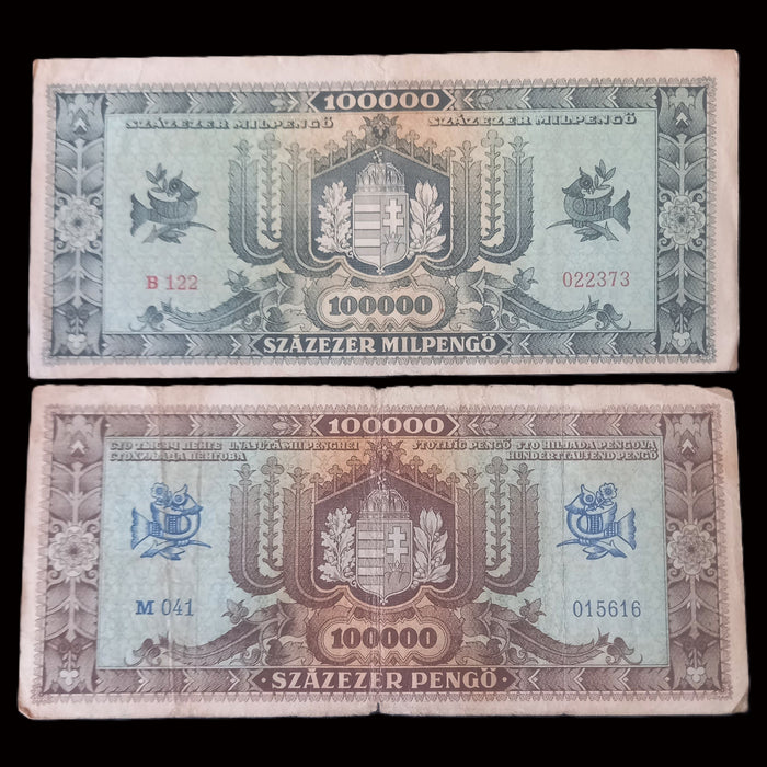 Vintage Banknote 1945-1946 Hungary 100k Pengő & 100 Billion Százezer Milpengő Hyperinflation