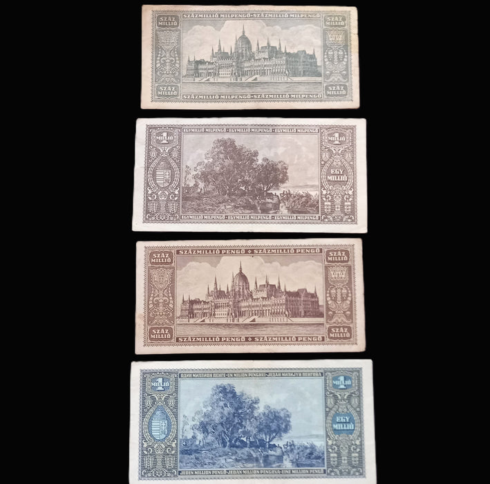 Vintage Banknote 1945-46 Hungary Pengő Milpengő 4pc Set 100 Trillion WWII Hyperinflation Money