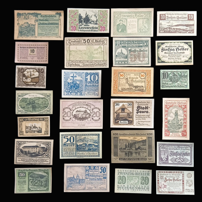 Antique Banknote 1919-1921 Austria Heller Notgeld Mixed Collection Lot of 25 Excellent