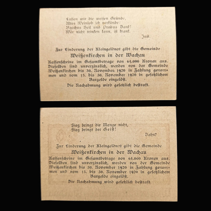Two vintage notgeld with text on a black background