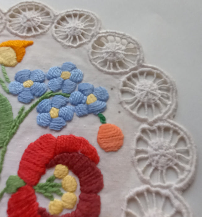 Vintage Hungarian Kalocsa Doily Flower Embroidery Richelieu Handmade Art 1970s